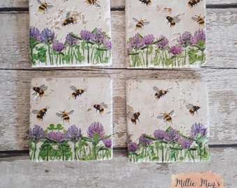 Natural Stone Coasters, Bee and Wildflowers design, Bees, Bumble Bees, Flowers, Purple, Pretty, Handmade