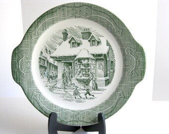 Vintage Royal USA The Old Curiosity Shop porcelain handled cake plate in green collectible, replacements
