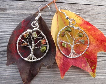 Unakite epidot tree of life silver green red wirewrapped earrings