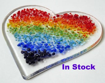Rainbow fused glass heart, heart light catcher, window decoration, wedding gift, love valentine gift for her, stained glass art, home decor
