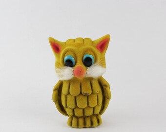 Vintage Flocked Owl Bank - Bright Yellow Fuzzy Owl Figurine - Owl Collectible