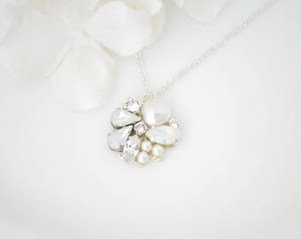 White opal pendant necklace, Simple opal wedding necklace, Swarovski crystal and pearl bridal necklace, Asymmetrical rhinestone necklace
