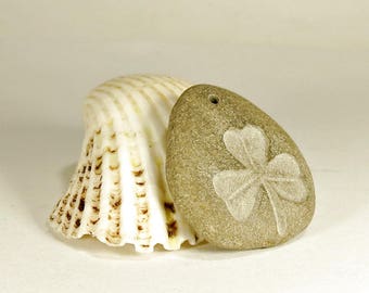Beach Pebble Pendant with Engraved Shamrock - Top Drilled Beach Stone Shamrock Pendant Natural Pebbles