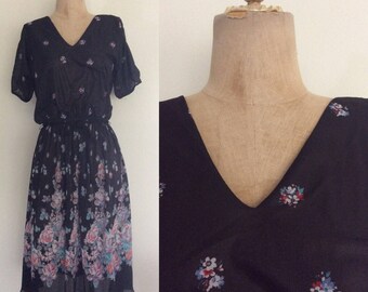 1970's Black Floral Polyester Dress Size Small Medium by Maeberry Vintage