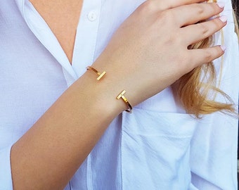 Bar cuff bracelet, Gold cuff bracelet, T bracelet, Stacking bracelet, Open bangle bracelet, Skinny cuff, Adjustable cuff, Minimalist jewelry
