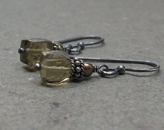 Champagne Quartz Earrings Olive Green Pearls Gemstone Cubes Geometric Jewelry Oxidized Sterling Silver Earrings Gift for Her
