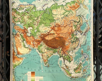 Pull Down School Map of Asia Vintage 1940 Classroom Physical/Political