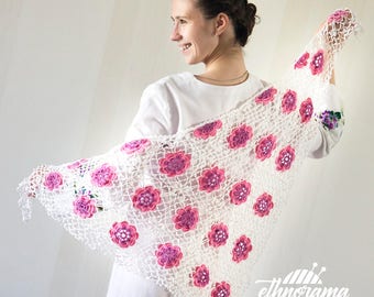 Crochet Wedding Shawl with Pink Flowers. Laced Bridal Knitted Shawl.
