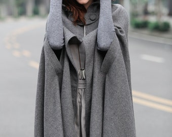 maxi wool poncho cape in grey, black, red, blue, long hooded wool cashmere coat cape, maxi coat, maxi wool cape, maxi wool cloak, hooded cap