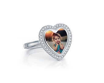 925 Sterling Silver Personalized Photo Heart Open Ring Custom Made with Any Picture