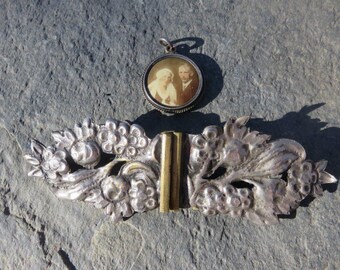 Antique Sterling Silver Belt Buckle and Wedding Photo Pendant 1885 Rare
