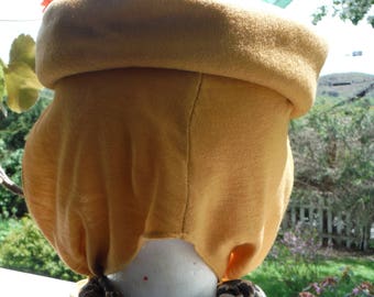 1950's Mustard Wool "Electa" Pillbox Hat with Attached Scarf