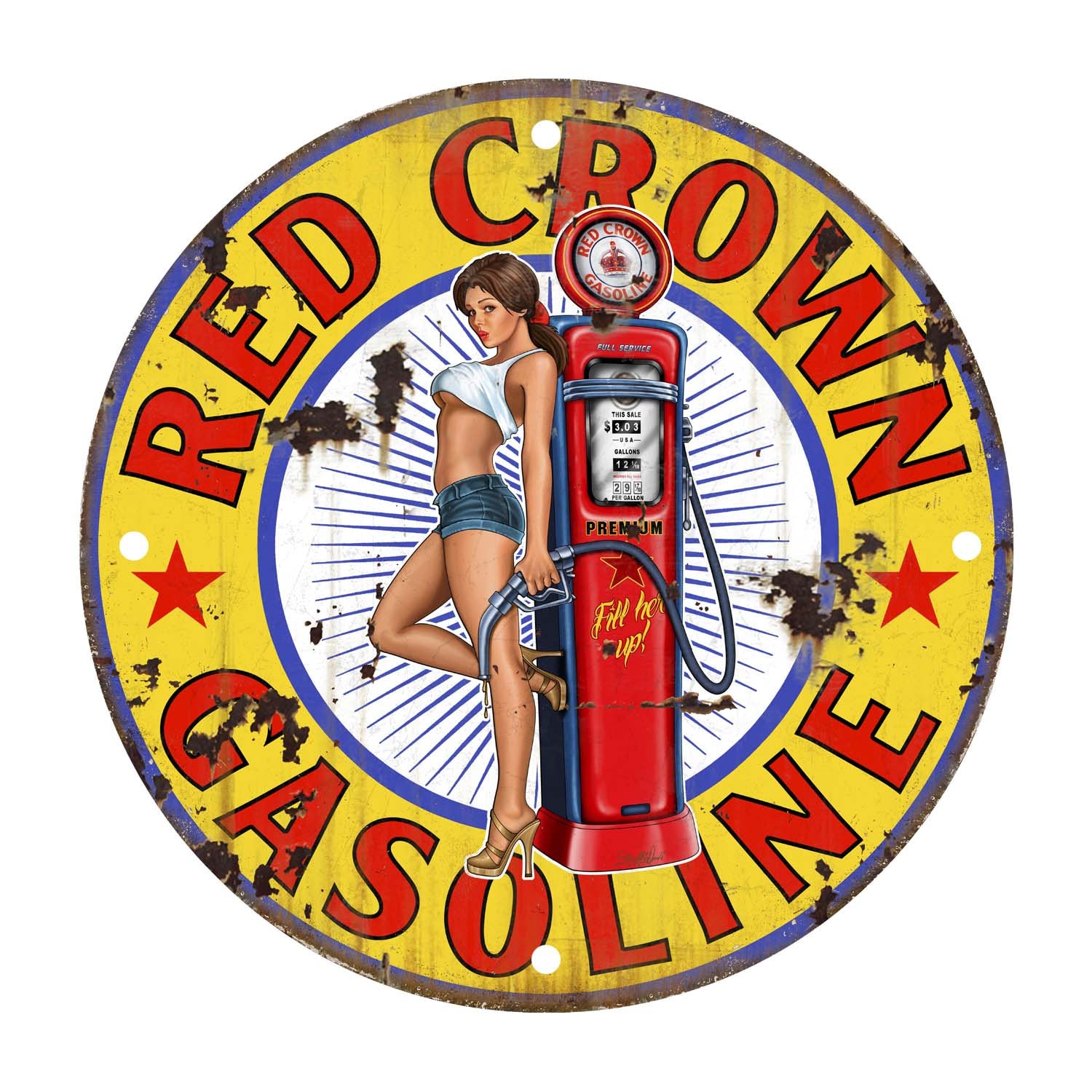 Red Crown Gas Pump Pinup Girl Grunge Style Metal Sign Usa Made 6966