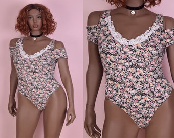 90s Floral Print Bodysuit/ 1X/ 1990s/ High Cut