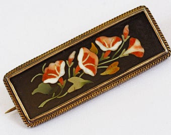 Antique Pietra Dura Silver Brooch