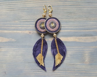 Purple Leather Earrings. Feather Earrings. Boho Earrings. Bohemian Earrings. Long Leather Earrings. Large Statement Earrings Leather Feather