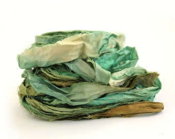 Recycled sari silk ribbon handdyed in Deep Forest, 10metre length, textile arts, mixed media, jewellery making
