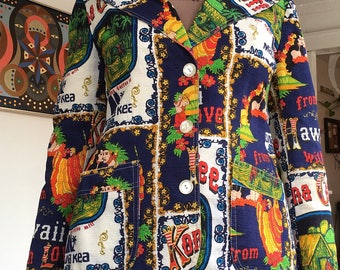 Vintage 60s Blazer Jacket Tiki Hawaii Kona by Three Flaggs silk cotton small
