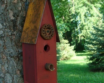 Old Red Rustic Birdhouse Decorative Wood Bird House Garden or Home Decor Recycled Industrial Cottage Farmhouse