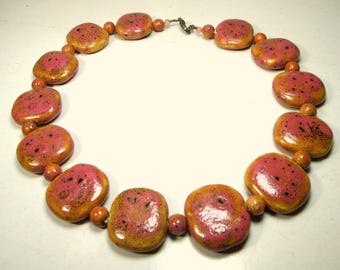 Dusty Rose Pink Ceramic Handmade Bead Necklace, OOAK Rachelle Starr, Earthy Speckled Flat Modernist Beads