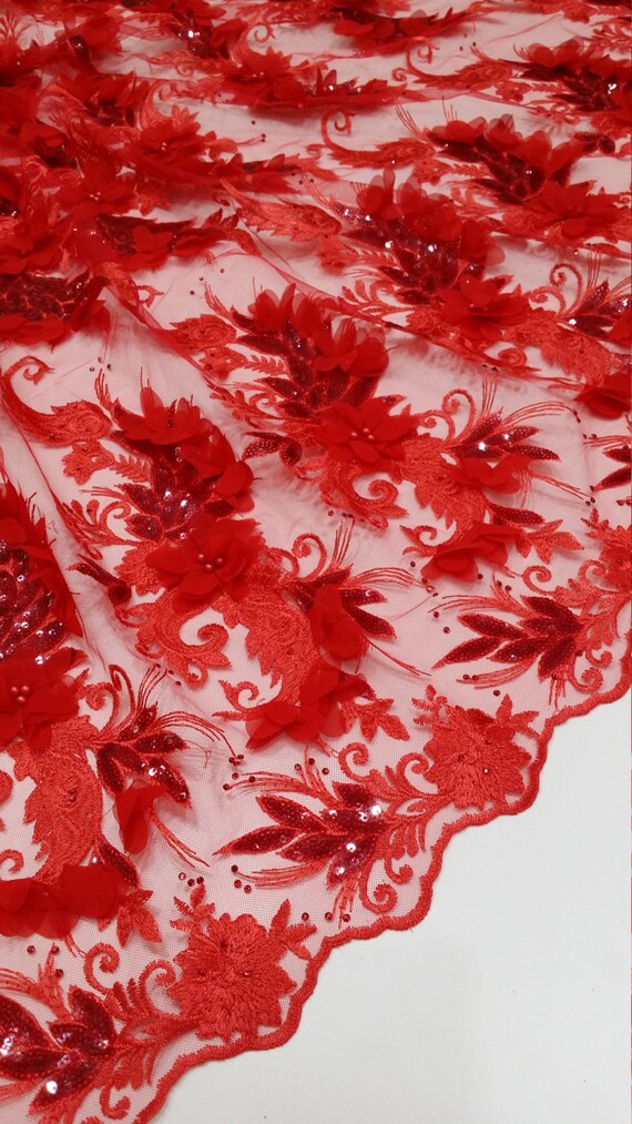 Red lace fabric beaded luxury 3D lace fabric hand beaded