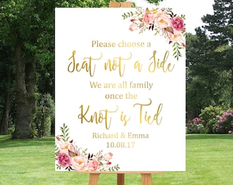 Gold Boho Choose a Seat Not a Side Printable Sign, Personalised Pink Gold Floral Seating Sign, Boho Wedding Ceremony Sign Download 110-G