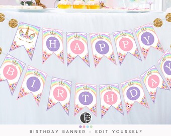 Rainbow Unicorn Banner, Rainbow Unicorn Bunting, Rainbow Unicorn Happy Birthday Banner, Rainbow Unicorn Party Decorations, Editable, 0210