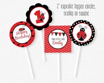 Ladybug Cupcake Toppers, Red and Black, Ladybug Party Decorations, Printable Birthday Party Circles