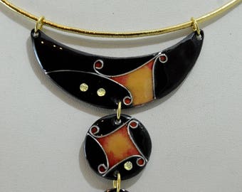 Cloisonné, Choker, black and orange enamel necklace