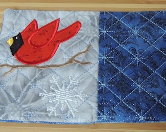 Cardinal Applique and Embroidered Mug Rug Coffee Mat Candle Mat Drink Coaster Gift Decorative Snack Table Desk Mat Blue Silver Red
