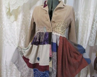 Tan Patchwork Jacket coat, bohemian hippie jacket, upcycled corduroy jacket, womens altered clothing, SMALL