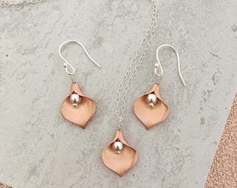 Rose Gold Calla Lilly Earrings And Necklace Set