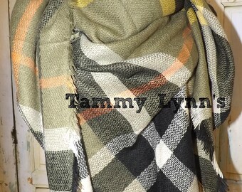 NEW!! Olive, Black, and Mustard Triangle Style Blanket Scarf Fall Winter Gifts Women's Accessories