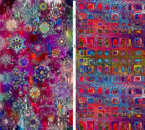 Artist Made Quilting Fabric By The Yard 2 Large Panels Fushia Stars Sky Celestial Kaleidoscope