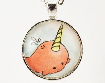Narwhal Necklace, Cute Kawaii Pink And Sky Blue Narwhal Jewelry, Original Art Glass Pendant