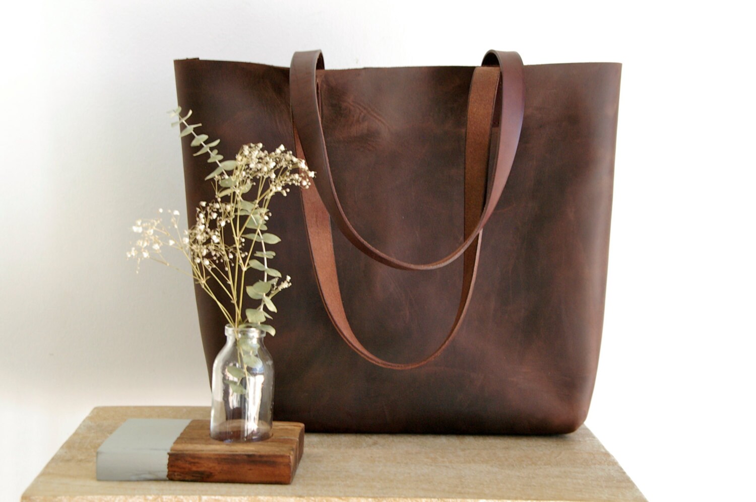 Ready to ship Large Brown Leather tote bag handles sewn.