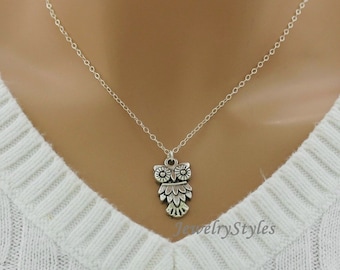 Silver Owl Necklace, Sterling Silver Chain
