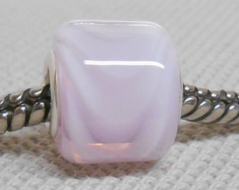Handmade Lampwork Large Hole Bead Silver Cored Cylinder Bead Pink and White Swirl Cylinder Bead