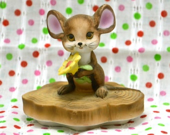 SALE - Vintage Ceramic Mouse Figurine Holding Yellow Flower from Japan 90s