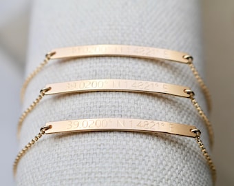 14K SOLID GOLD GPS Coordinates Bracelet - Skinny & Dainty Bar Bracelet, Personalized Bar Bracelet, Custom Engraved Bar Bracelet