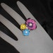 Purple/Blue/Yellow Flowers Silver Pewter Rhinestone Stretch Ring