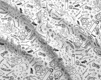 Creepy Fabric - Things On White By Elysesanderson - Creepy Taboo Occult Dangerous Black And White Cotton Fabric By The Yard With Spoonflower