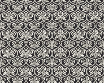 Black Damask Fabric, Happy Haunting, Riley Blake C4671 Damask Black, Deena Rutter, Black & Cream Damask Halloween Quilt Fabric, Cotton