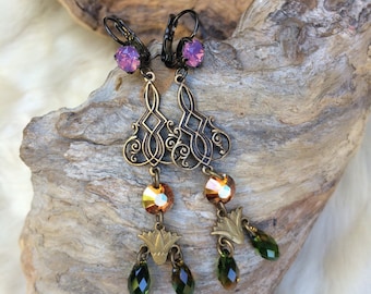 Art nouveau, brass and "Lotus" swarovski crystal earrings