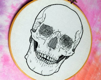 Skull hand embroidery hoop art. 8 inch hoop.