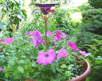 CONTAINER GARDENING, Butterfly Feeder, stained glass, 4.5" diameter, PLUM Purple, copper, garden stake, Garden Art