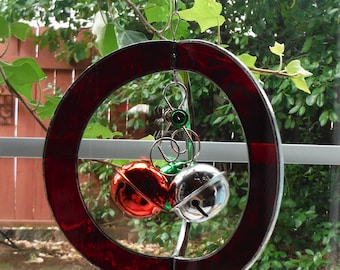 Christmas Bells, Jingle inside Sphere, Stained Glass Whirl, Hand Made Suncatcher, Christmas Ornament