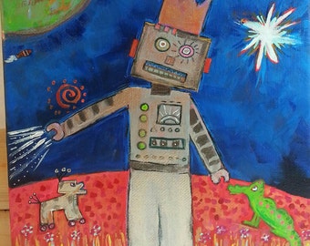 Original Outsider Brut Art Painting Robot King on Mars 8" x 8" M - Free Shipping!