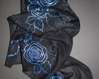 Wool wrap,Painted scarf,Wool scarf,Long black scarf,Winter scarf,Blue Rose scarf,Sparkling scarf,Extra long scarf,Evening scarf,Gift for her