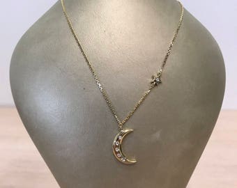 14k solid yellow gold hanging moon pendant and shooting star necklace set with diamonds